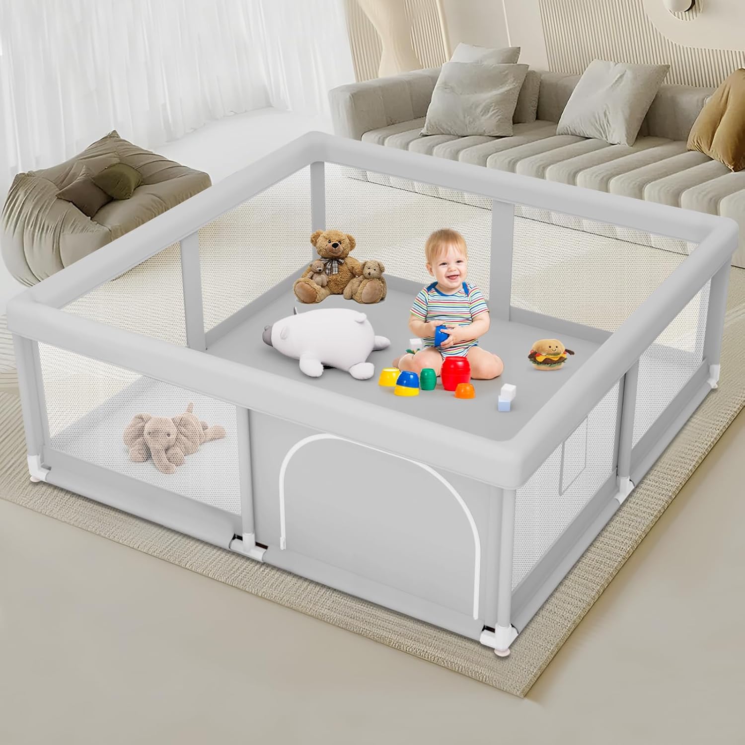 Skiennix Baby Playpen - Sturdy Safety Play Yard for Indoor & Outdoor Use | 50 x 50 Inch Soft Mesh Fence