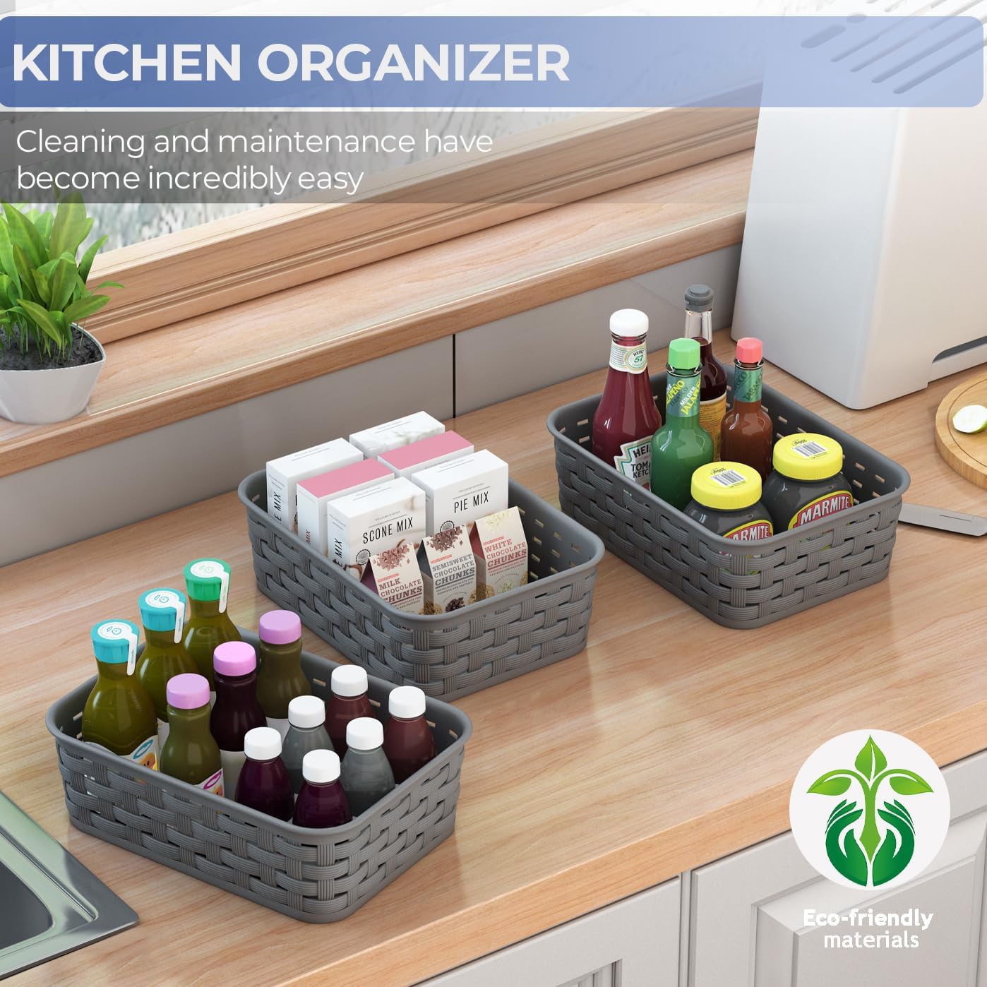 Small Plastic Storage Baskets - 3 Pack Organizing Bins for Laundry, Kitchen, and Pantry | Dark Gray
