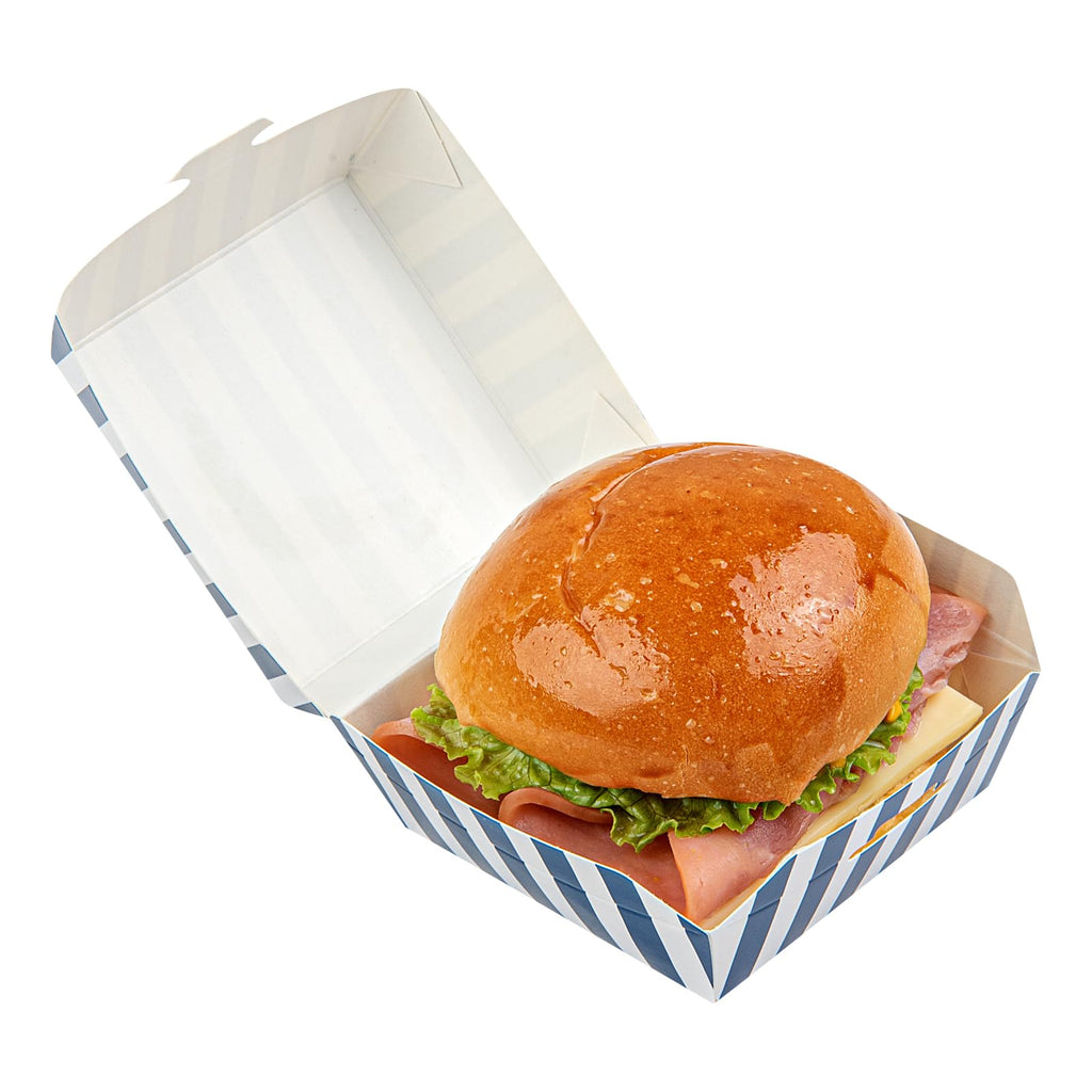 Restaurantware 2.8 x 2.8 x 2 Inch Mini Burger Boxes 100 Clamshell Food Containers - Hinged Lid Striped Blue And White Paper Take Out Boxes Serve Sliders Or Finger Foods