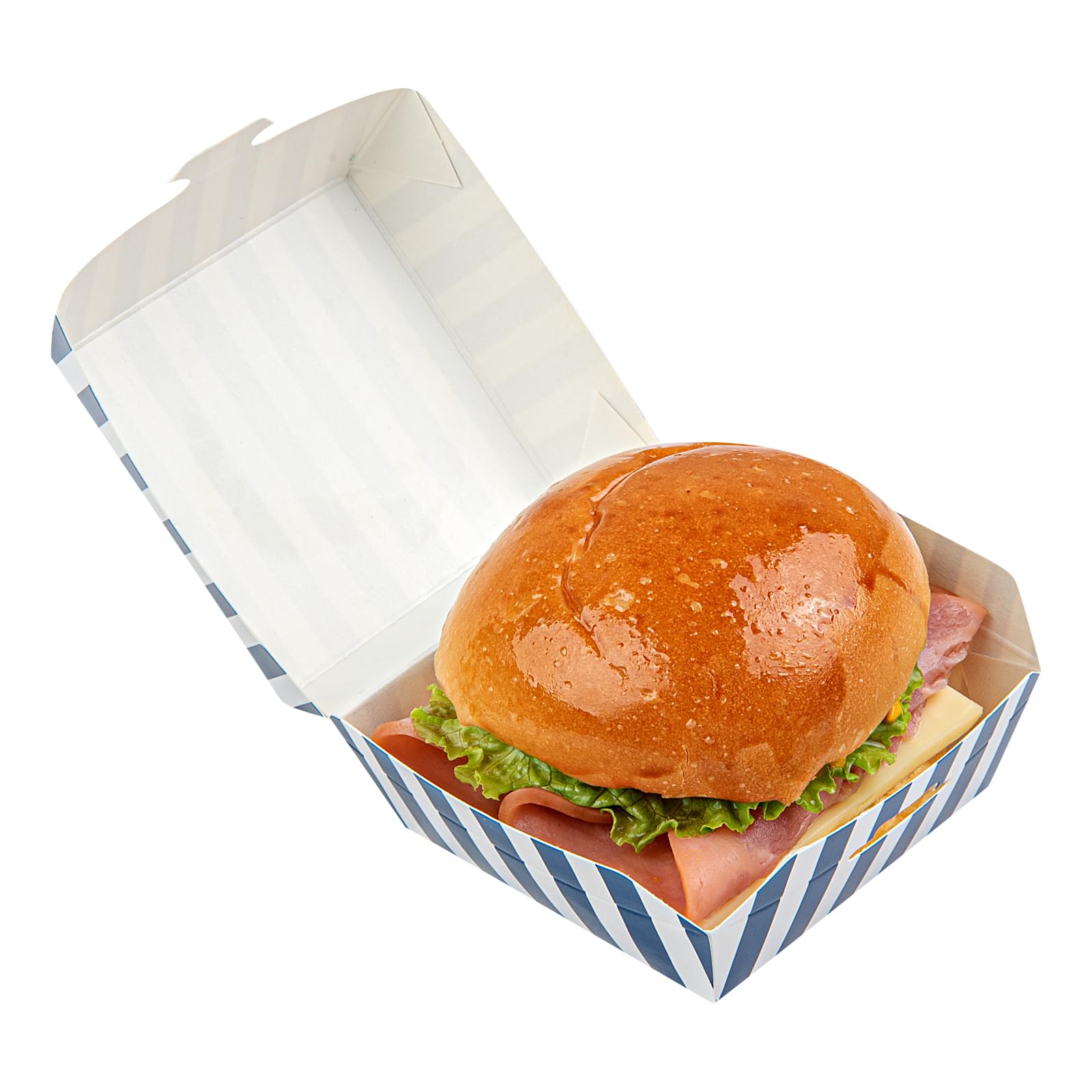 Restaurantware 2.8 x 2.8 x 2 Inch Mini Burger Boxes 100 Clamshell Food Containers - Hinged Lid Striped Blue And White Paper Take Out Boxes Serve Sliders Or Finger Foods