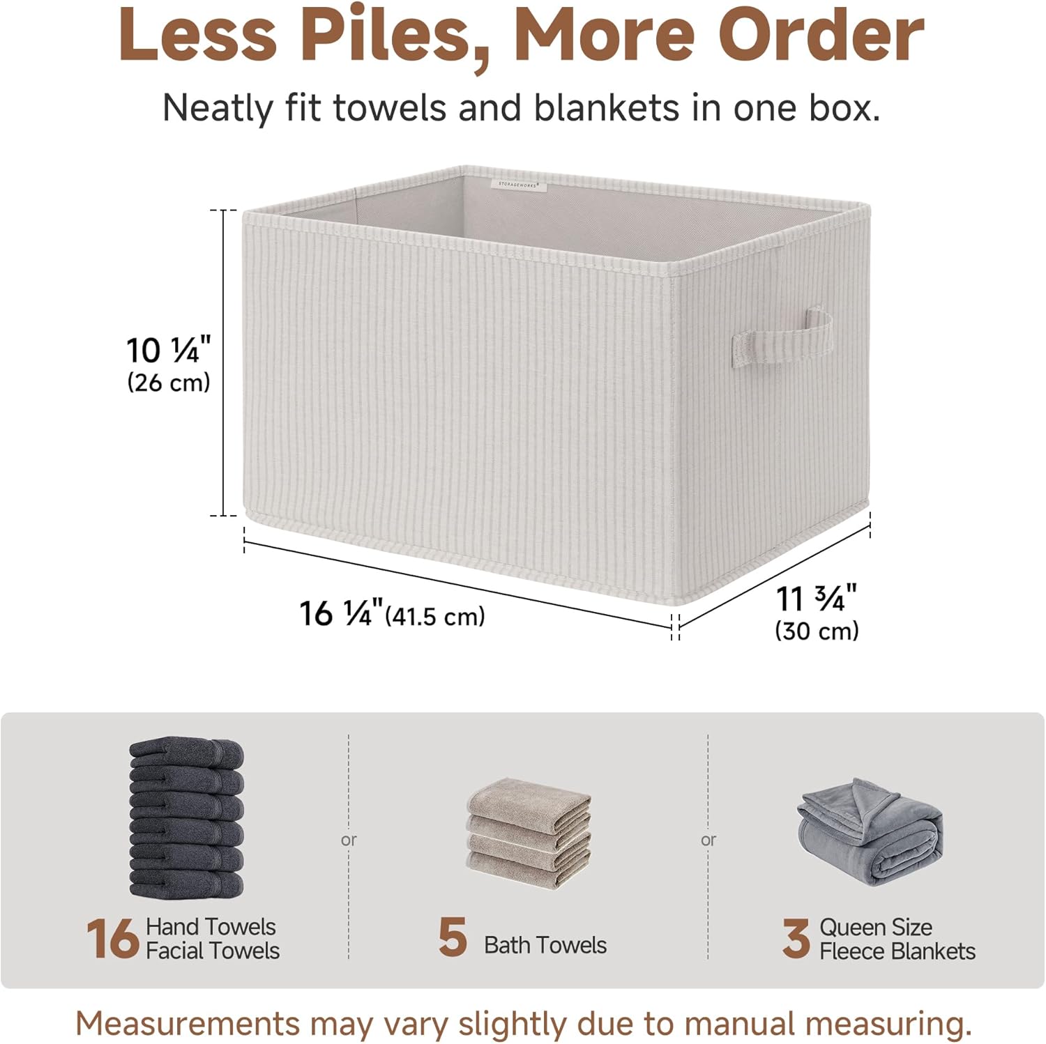 StorageWorks Foldable Shelf Organizer Bins - Extra Large Beige Striped Closet Storage Baskets | 3-Pack for Efficient Organization