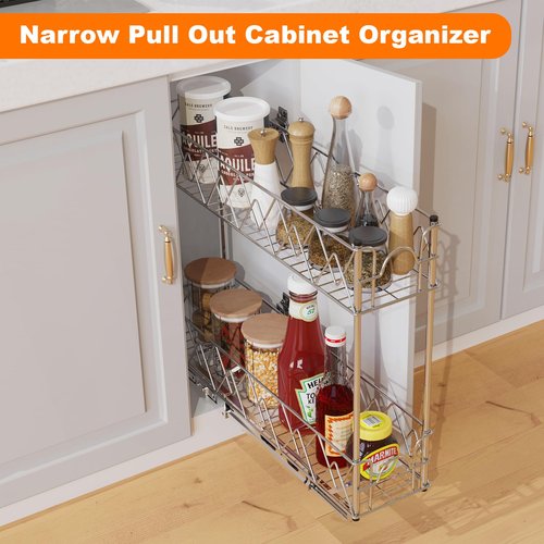 Glolaurge Narrow Pull Out Cabinet Organizer - 5" W x 21" D, 2-Tier Kitchen Cabinet Drawer Slide Out Shelves, Chrome
