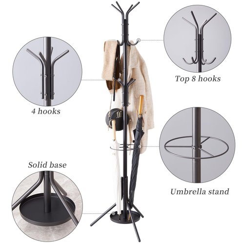 Kitsanery Coat Rack Freestanding,Metal Coat Tree with Umbrella Holder,Hat and Coat Rack Stand for Entryway, Hallway, Living Room, Bedroom (Black)