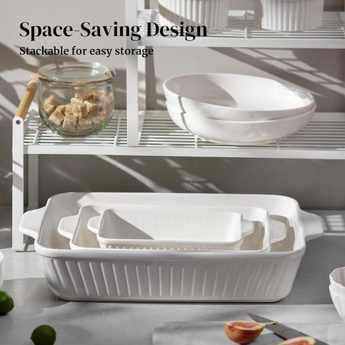 DOWAN Casserole Dishes Set - Ceramic Bakeware for Oven | 3-Piece Deep Lasagna Pan Set in Soft White (15.6''/12.2''/8.9'')