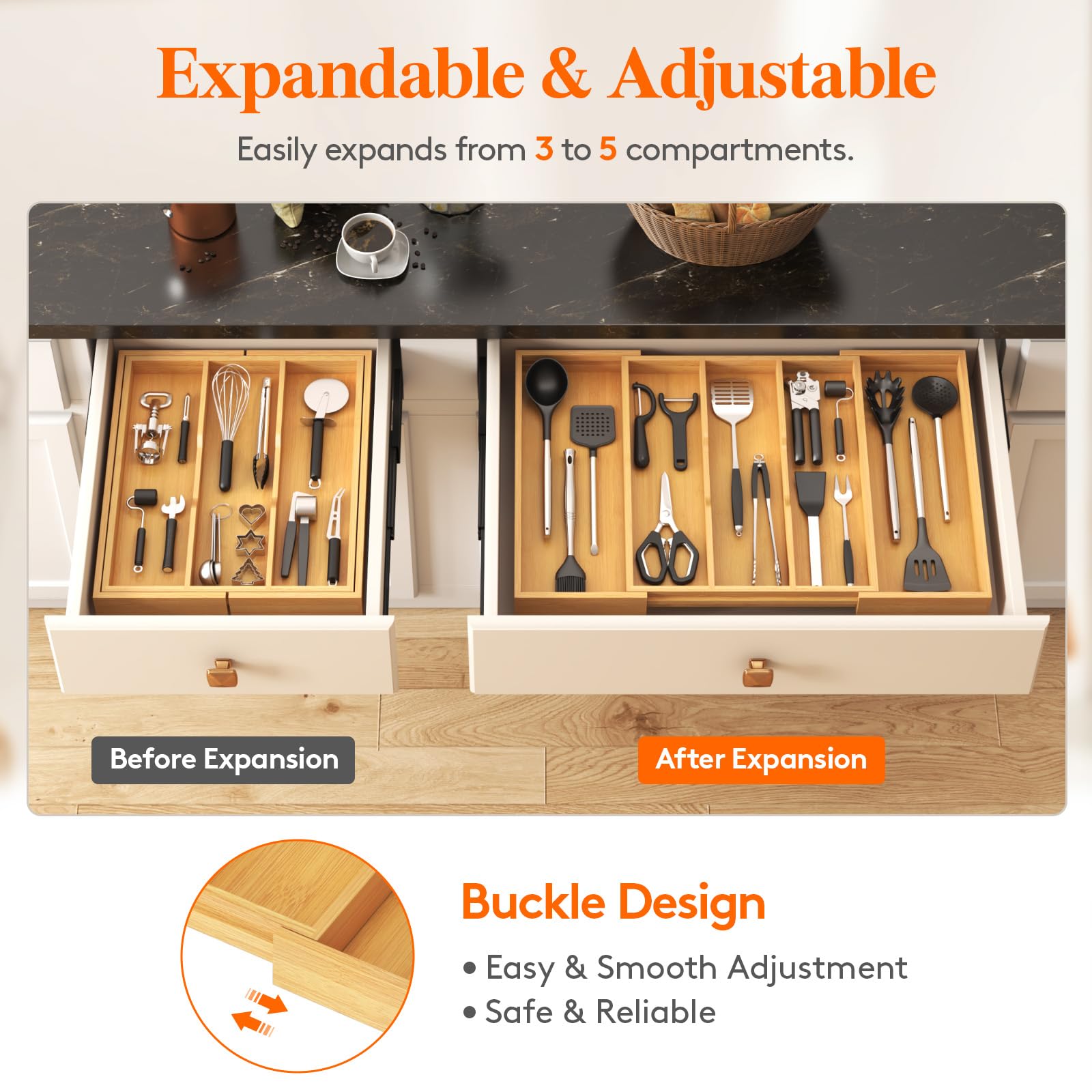 Lifewit Utensil Organizer for Kitchen Drawer, Expandable Cooking Utensil Tray, Cutlery Silverware Flatware Holder, Wood Adjustable Spatula Tools Storage Divider, 15.6-28 x 18.5, Natural