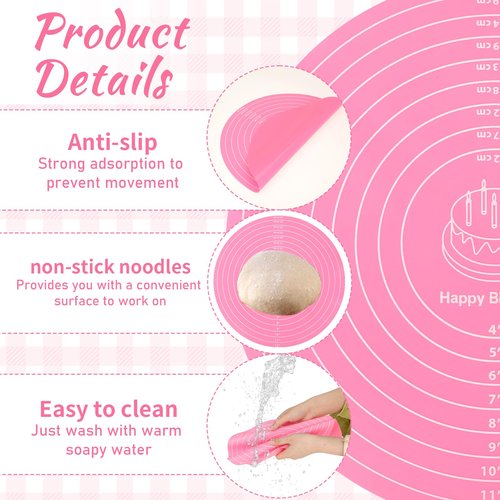 2Pcs Silicone Cake Mat,12 Inch Pink Round Baking Mat with Measurements Reusable Turntable Pastry Mats for Rolling Out Dough Cake Pizza and Cookies