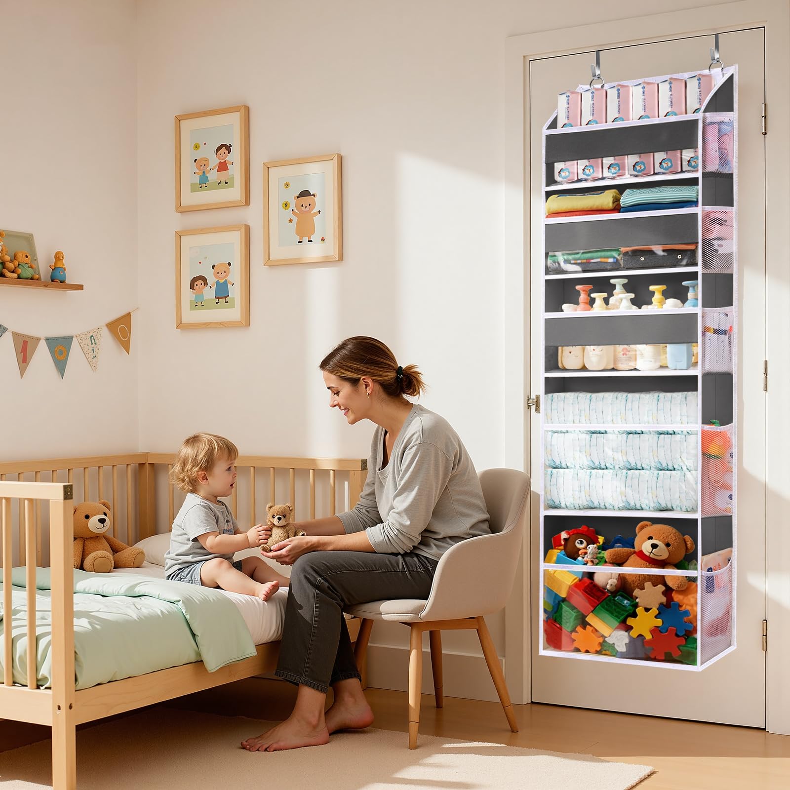 Ordovibe 5 Tiers Over Door Organizer with 10 Mesh Side Pockets, 44 lbs Weight Capacity Hanging Storage Organizer with Clear Window Kids Toys, Shoes, Diapers, Dark Gray