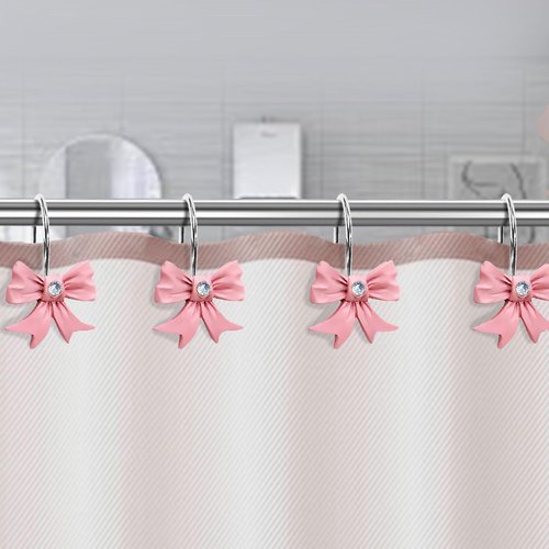 Pink Bow Shower Curtain Hooks with Shining Diamond, Cute Bathroom Decor, Set of 12 Girly Decorative Bowknot Rings, Heavy Duty, Anti Corrosion