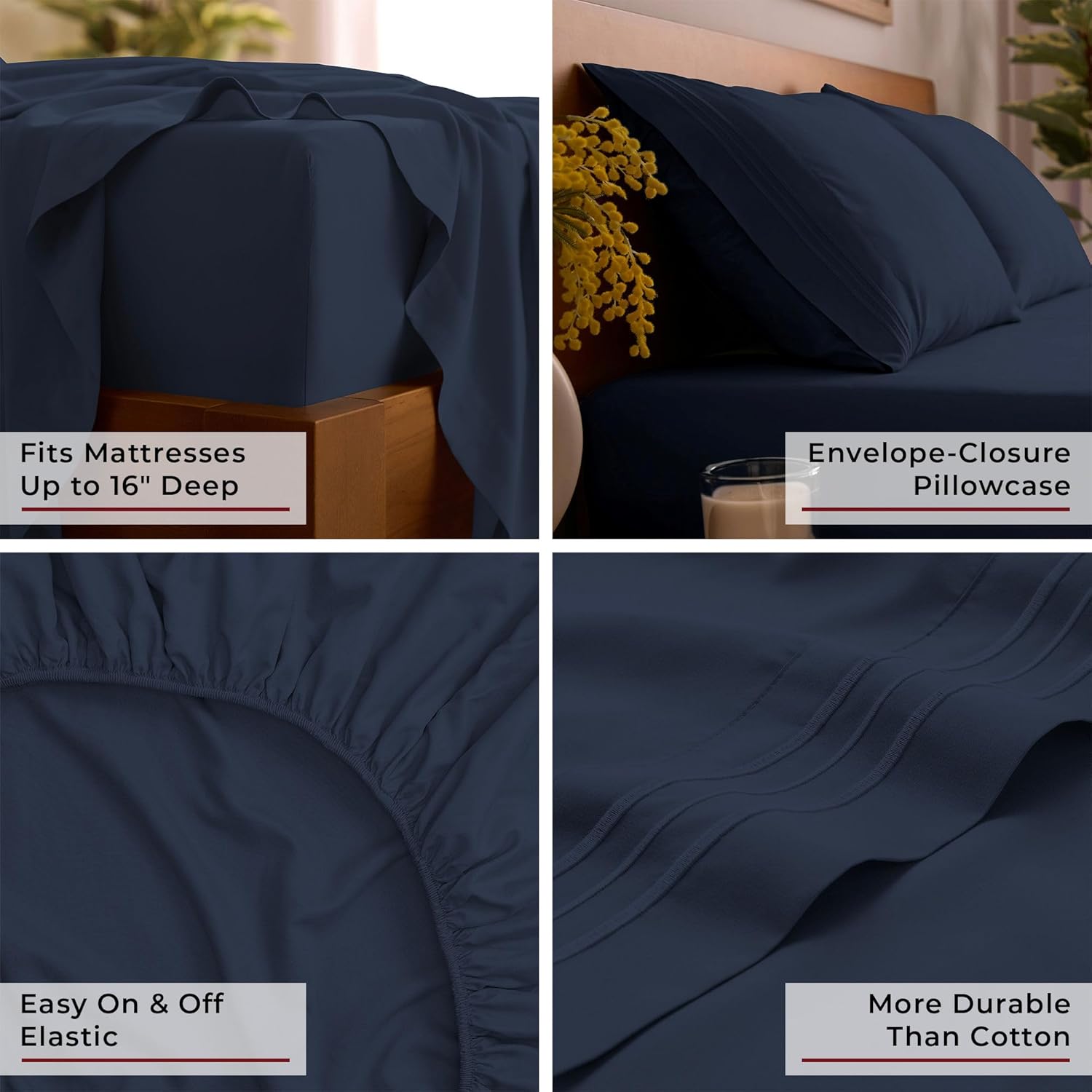 Mellanni Full Sheets Set - Luxury 4 PC Bedding Collection | Extra Soft, Cooling, Stain Resistant - Navy Blue
