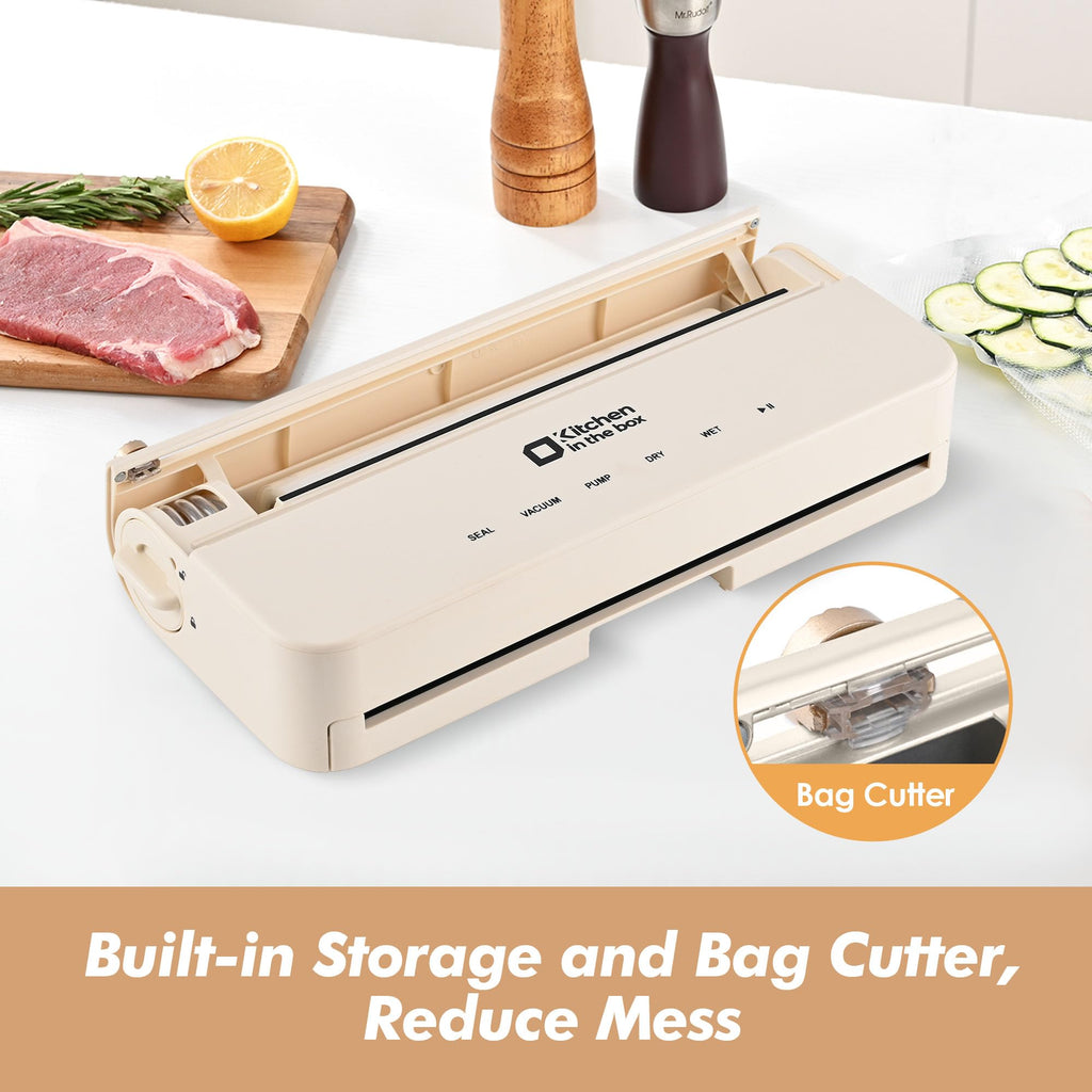 Kitchen Vacuum Sealer, Smart Vacuum Food Sealer with Built-in Bag Storage and Cutter Food Vacuum Storage with External VAC for Jar and Containers, Includes 5M Bag Rolls (silver)