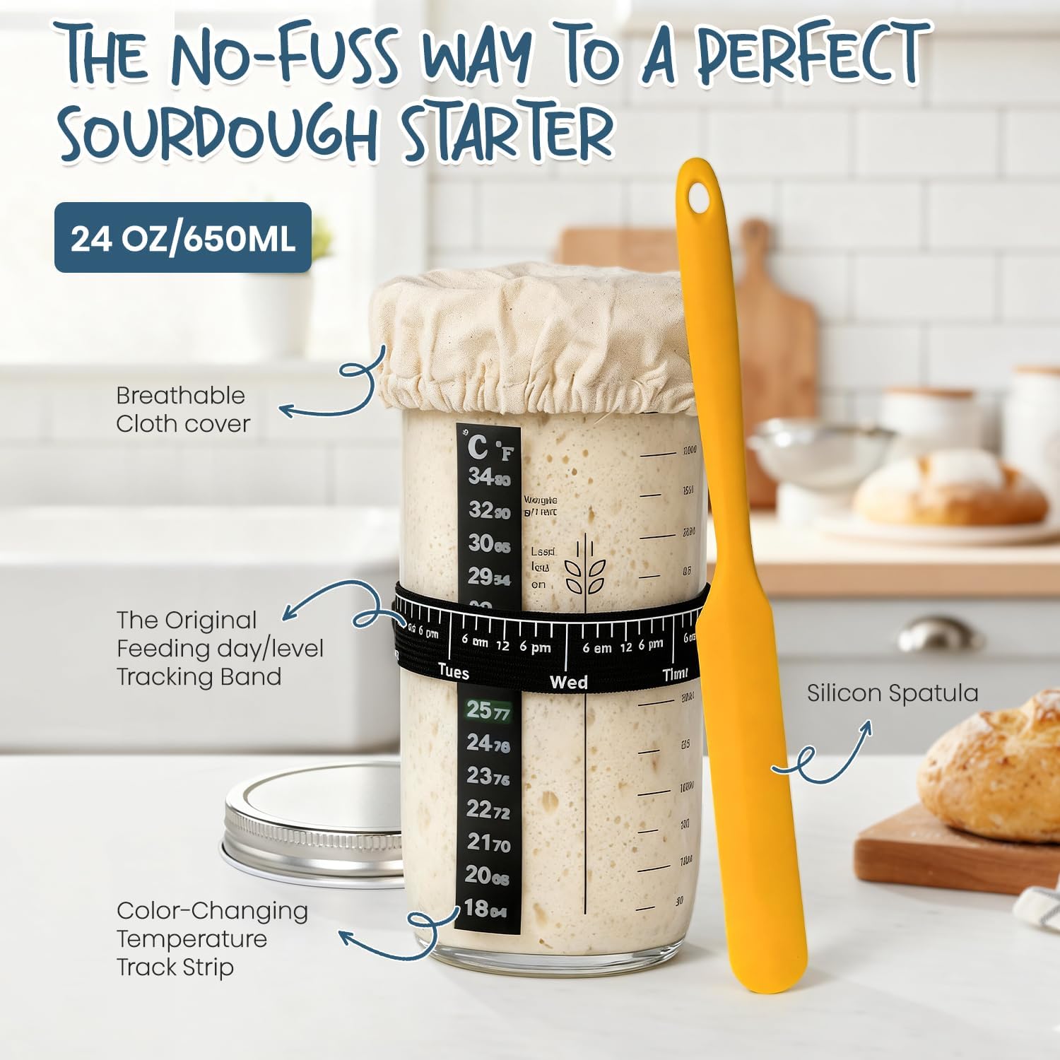 Skiennix Sourdough Starter Kit - Complete Baking Set with 24oz Starter Jar & 9'' Round Banneton Baskets