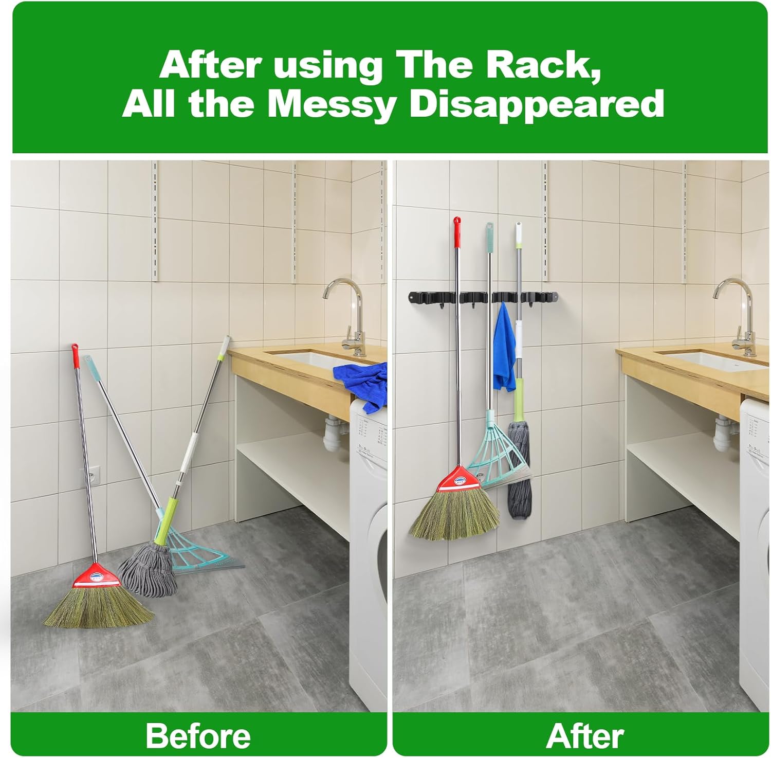 Voze Mop and Broom Holder - 5 Racks & 4 Hooks, Heavy-Duty Wall Mount Organizer | Black