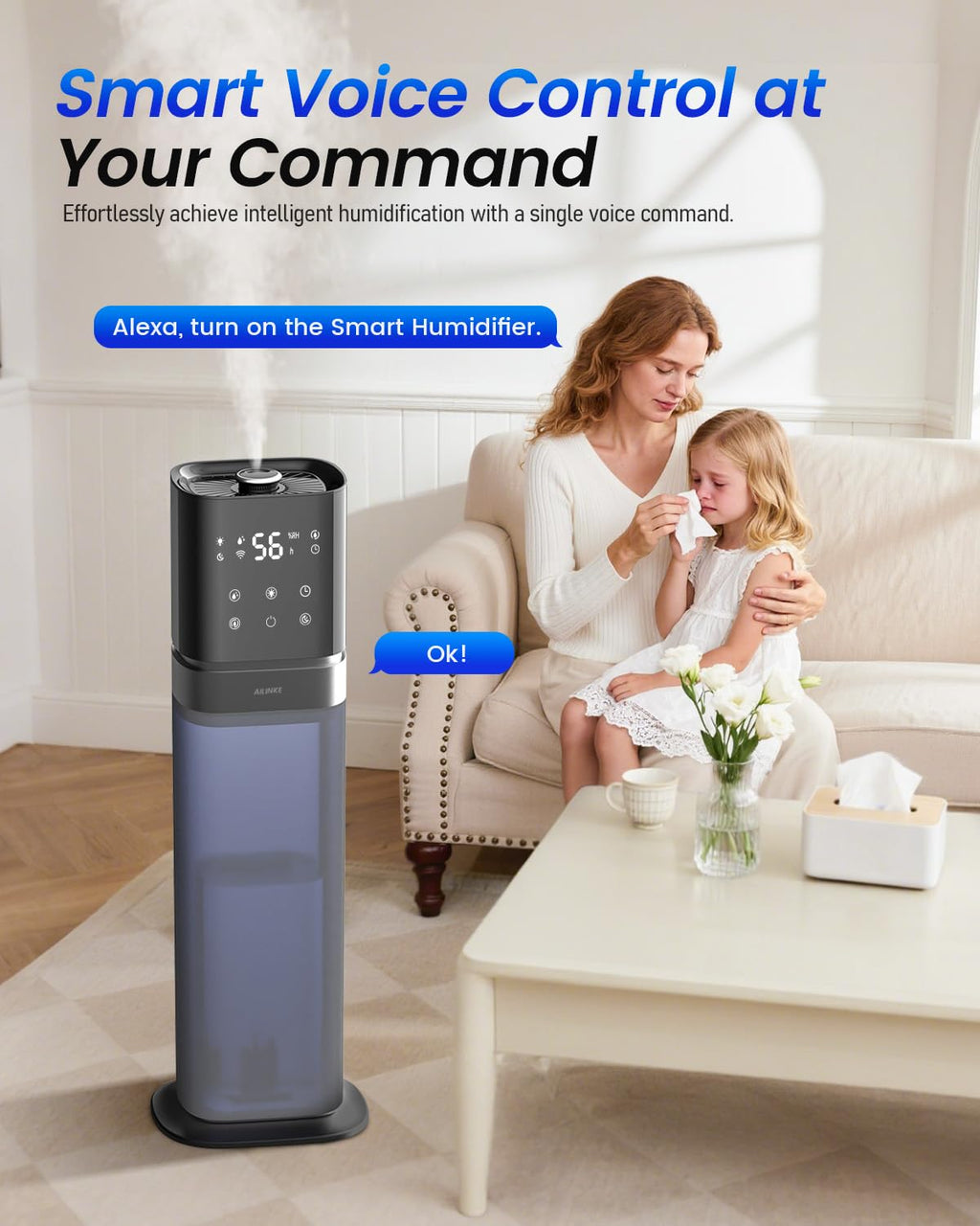 AILINKE Humidifiers for Bedroom 2.1Gal/8L, Smart Humidifier for Large Room, Cool Mist Humidifiers for Home Kids Plants, Top Fill Humidifier with Extension Tube, WIFI APP & Voice Control, Dark Blue