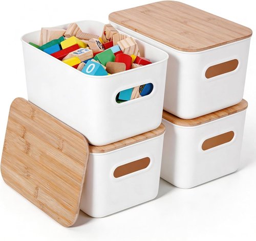 Citylife Storage Bins - Stackable 7QT Plastic Organizer Boxes with Bamboo Lids | 4 PCS, 10" L x 7" W x 5.8" H