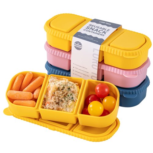 3 Pack Silicone Reusable Snack Containers with Lids - 3 Compartment Snackle Box for Kids & Adults, BPA-Free & Leakproof, Small for Dressing, Sauces, School, Office, Picnic（Blue, yellow, pink）