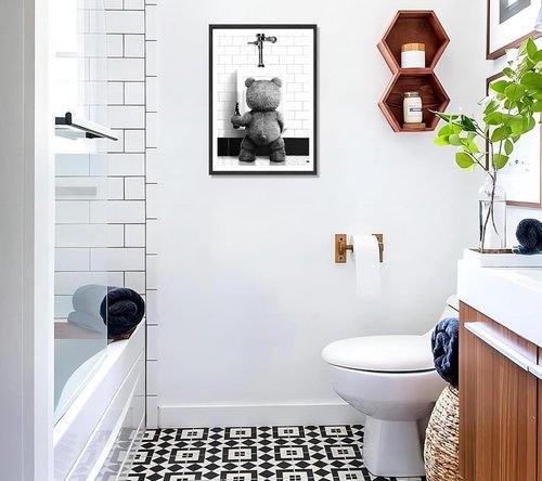 Funny Teddy Bear Wall Art - Black and White Bathroom Decor | 8x10in Print for Movie Fans