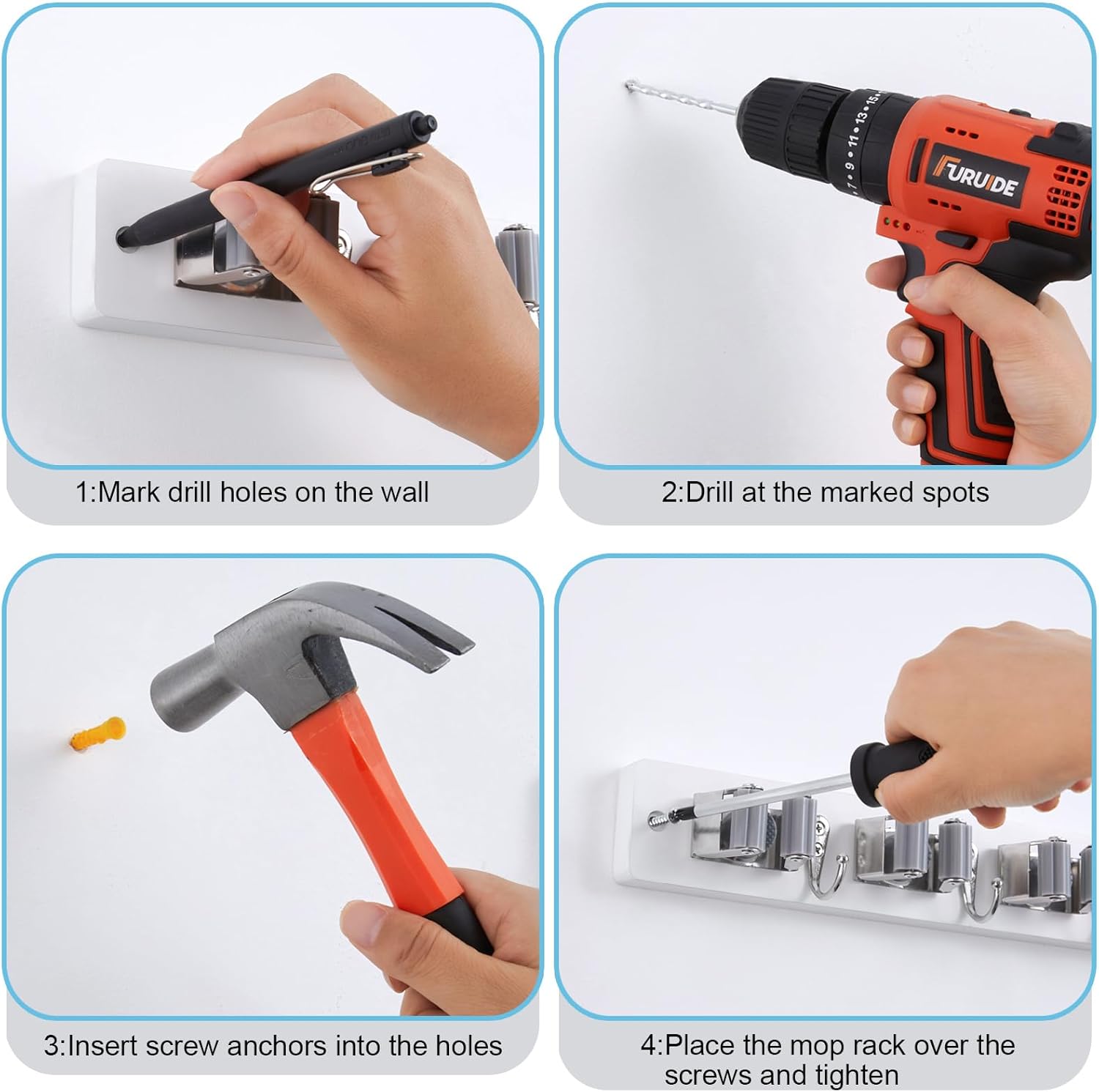 White Broom Holder Wall Mount - Heavy Duty Organizer with 5 Slots & 4 Hooks | Ideal for Laundry, Kitchen & Garage Storage