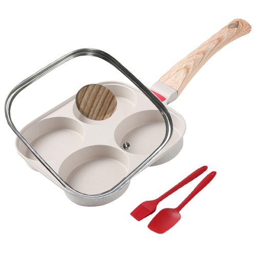 Foorey Home Egg Pan 4 Cup Nonstick Frying Omelette Pan with Lid for Breakfast Skillet for Eggs Pancake with 1 Spatula 1 Brush White