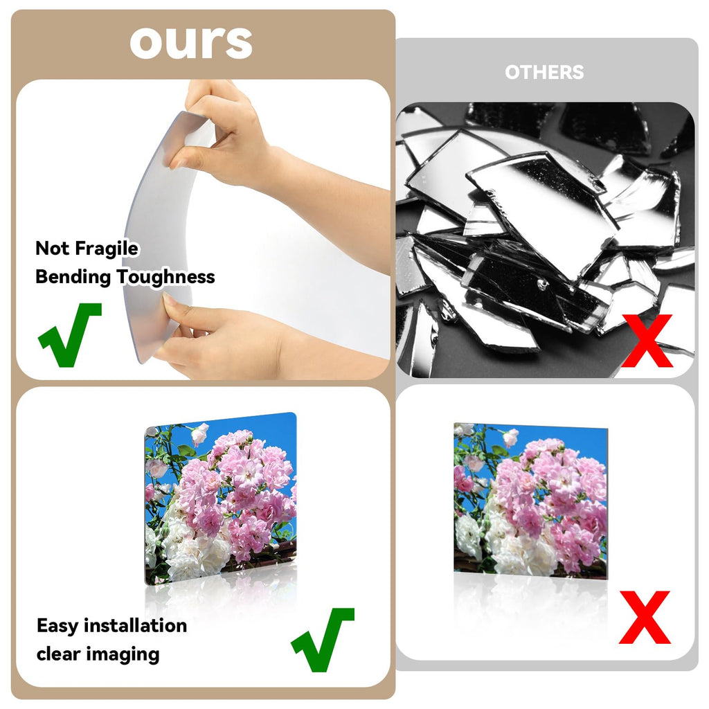 yuntop 2 Pack Self Adhesive Acrylic Mirror, 2MM Flexible Plastic Mirror, Shatterproof PS Frameless Wall Mirror for Bathroom Vanity and Entryway (12 x 12 inch)