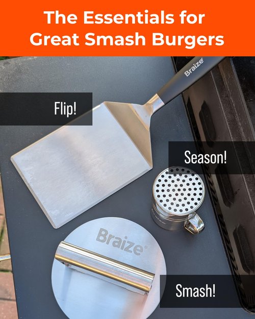 Braize Smash Burger Press Kit – 6.5 Inch Stainless Steel Hamburger Smasher Tool – Heavy Duty Grill Press for Flat Top Griddles and Cast Iron Pans – Perfect for Crispy Smashed Burger Patty – Shaker Set
