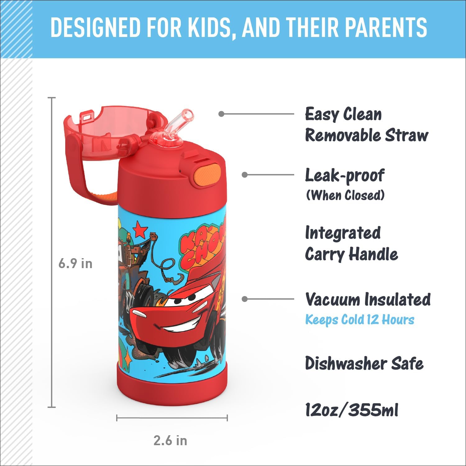 THERMOS FUNTAINER Water Bottle - 12 Ounce Kids Stainless Steel Vacuum Insulated with Straw | Cars Design