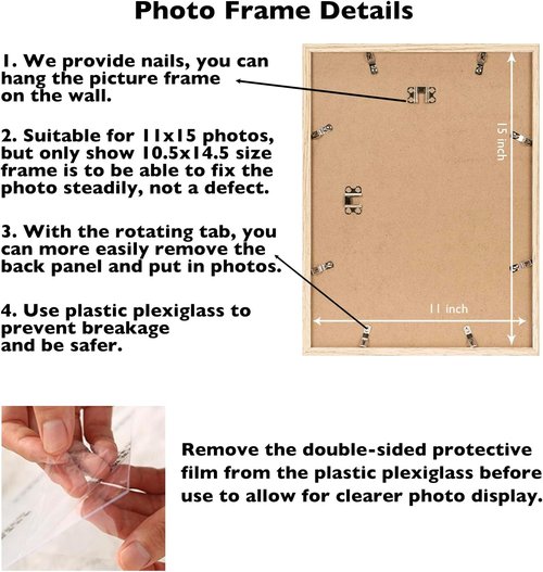 JCJMY 11x15 Picture Frame - Versatile Wall Mounting for Horizontal or Vertical Display | Shatter-Resistant Plexiglass, Natural Finish