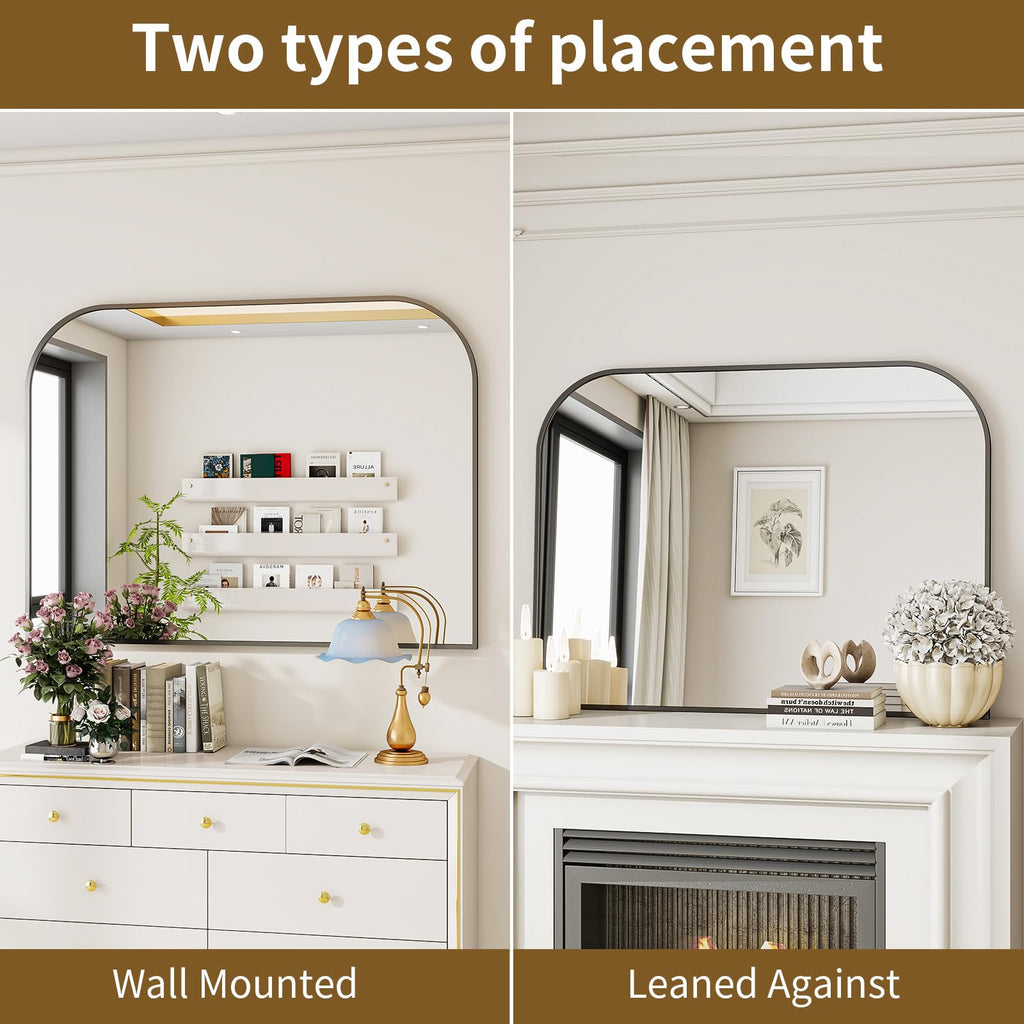VETROVUE Black Arched Top Wall Mounted Mirror - 38 x 30 Inch Round Cruved Top Bathroom Vanity Mirror, Aluminum Metal Framed, Home Decor for Living Room, Bedroom, Fireplace, Mantle, Entryway