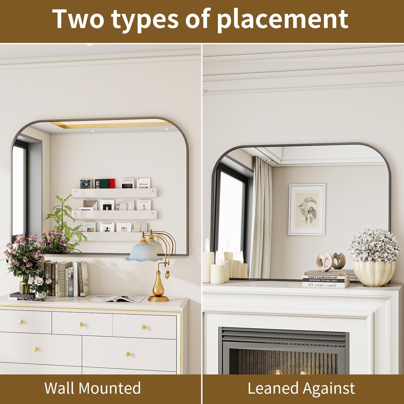 VETROVUE Black Arched Top Wall Mounted Mirror - 38 x 30 Inch Round Cruved Top Bathroom Vanity Mirror, Aluminum Metal Framed, Home Decor for Living Room, Bedroom, Fireplace, Mantle, Entryway