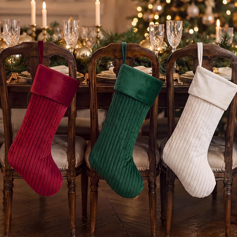 3 Christmas Stockings Set 19 Inch Velvet Quilted Stocking - Red Beige Green