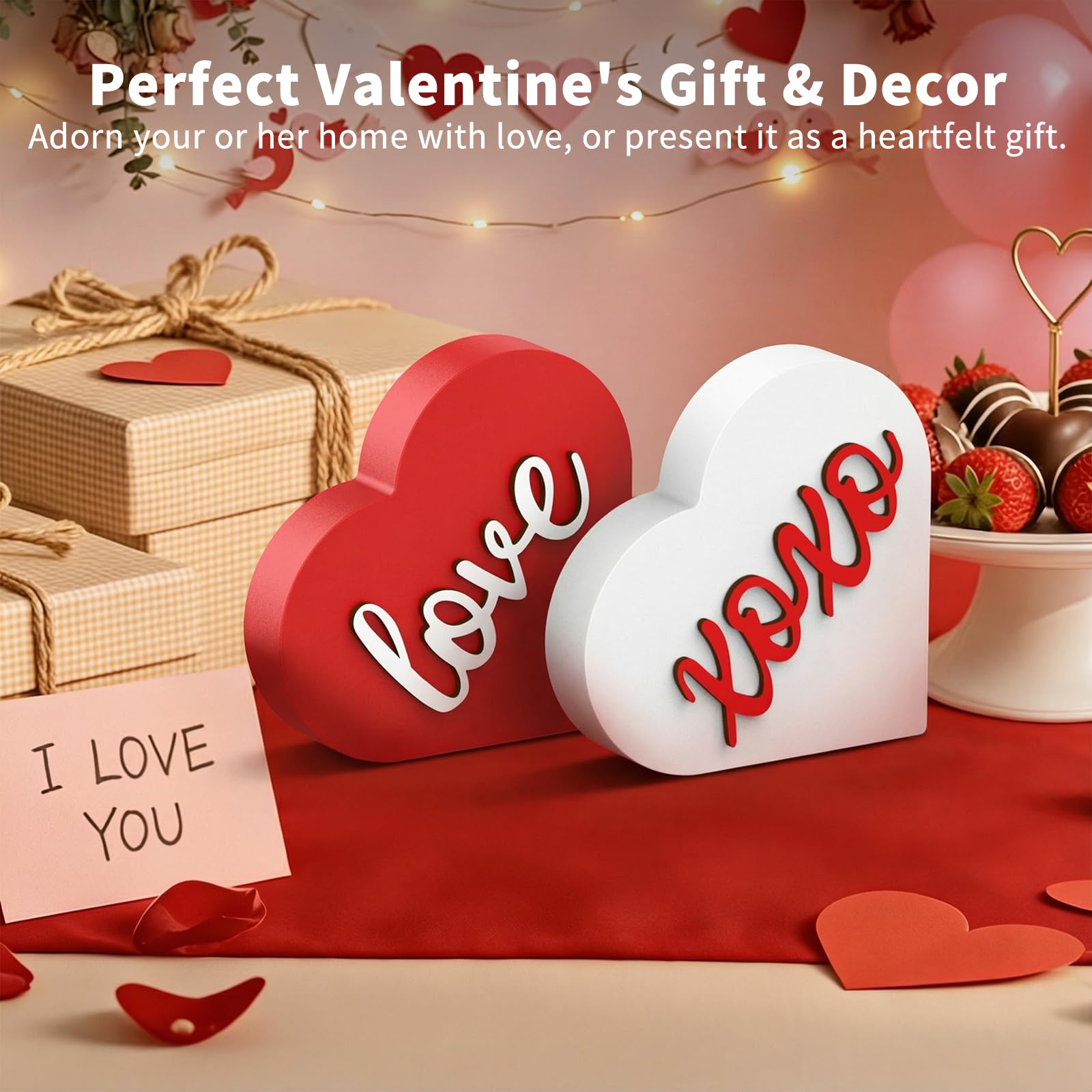 OLANRUN Valentines Day Decorations - 2 Pack Wooden 3D XOXO Love Heart Sign - 4.35 Inch Valentines Day Table Decor - Valentine Decorations for Home Office Bedroom Mantel Tiered Tray Shelf (Red White)