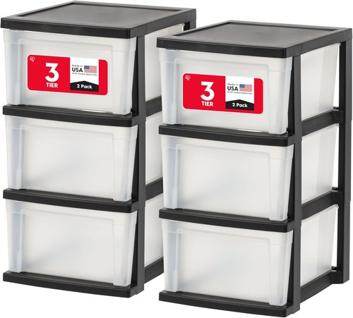 IRIS USA Plastic Drawer Organizer - 3-Drawer Storage Solution for Art Supplies | Black/Clear, 2-Pack