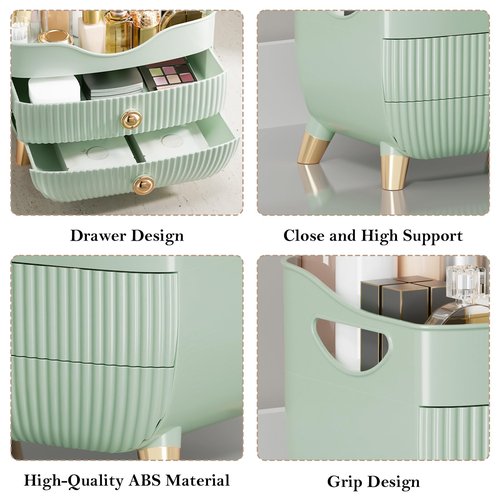 Makeup Organizer for Vanity, Large Capacity Skincare Cosmetic Organizer Countertop with 2 Drawers, Cosmetic Display Cases Makeup Storage Box for Bedroom, Bathroom, Ideal Gifts for Women(Green)