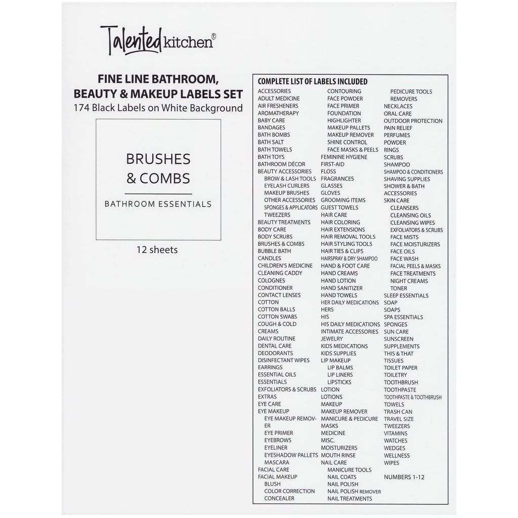Talented Kitchen Minimalist Bathroom Labels for Organizing - 174 Labels, 2.5" x 2.5" & 2.5" x 0.75", Black on White - Stickers for Jars & Bottles - Water-Resistant for Medicine Cabinet