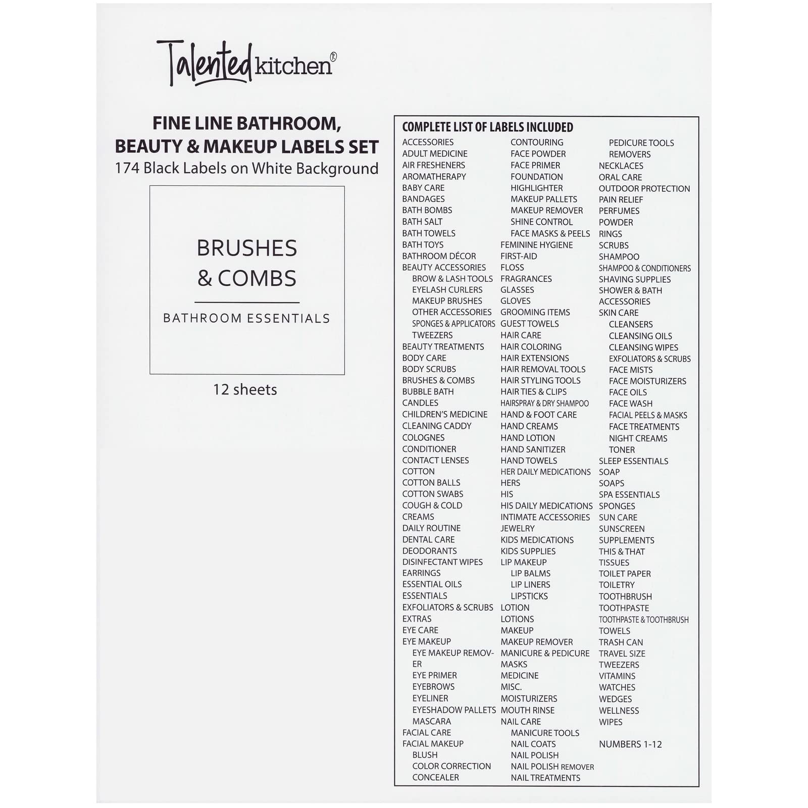 Talented Kitchen Minimalist Bathroom Labels for Organizing - 174 Labels, 2.5" x 2.5" & 2.5" x 0.75", Black on White - Stickers for Jars & Bottles - Water-Resistant for Medicine Cabinet