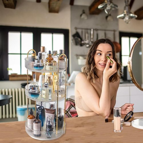 Asayuee 360 Rotating Makeup Organizer - Large 3-Tier Storage for Skincare & Cosmetics | Clear Finish