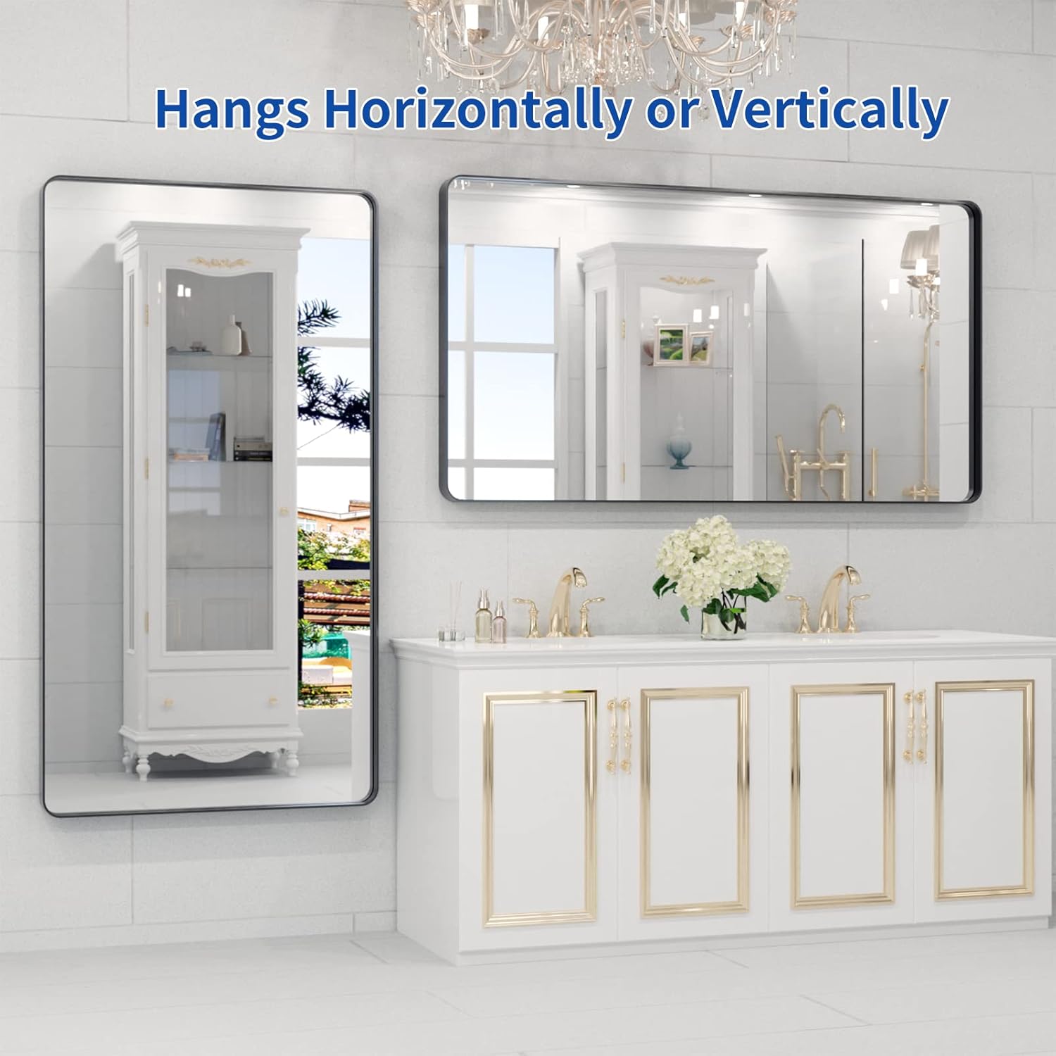 WEER Black Bathroom Mirror - 55x30 Inch Rounded Rectangle Matte Black Frame | Anti-Rust Tempered Glass, Versatile Hanging Options