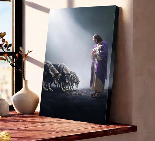 Jesus and Lamb Canvas Wall Art - Shepherd Protects Lamb | Inspirational Christian Decor for Home