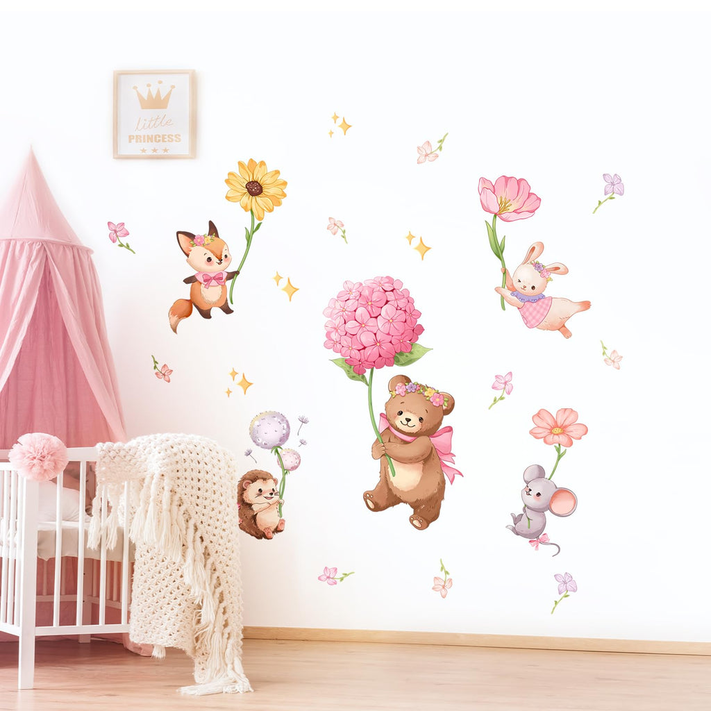 Pink Cartoon Animal Wall Decals, Bear Squirrel Rabbit Holding Flowers Flying Wall Stickers Peel and Stick Wall Decal Self Adhesive Wall Art Sticker for Girls Baby Nursery Kids Room Home Decor