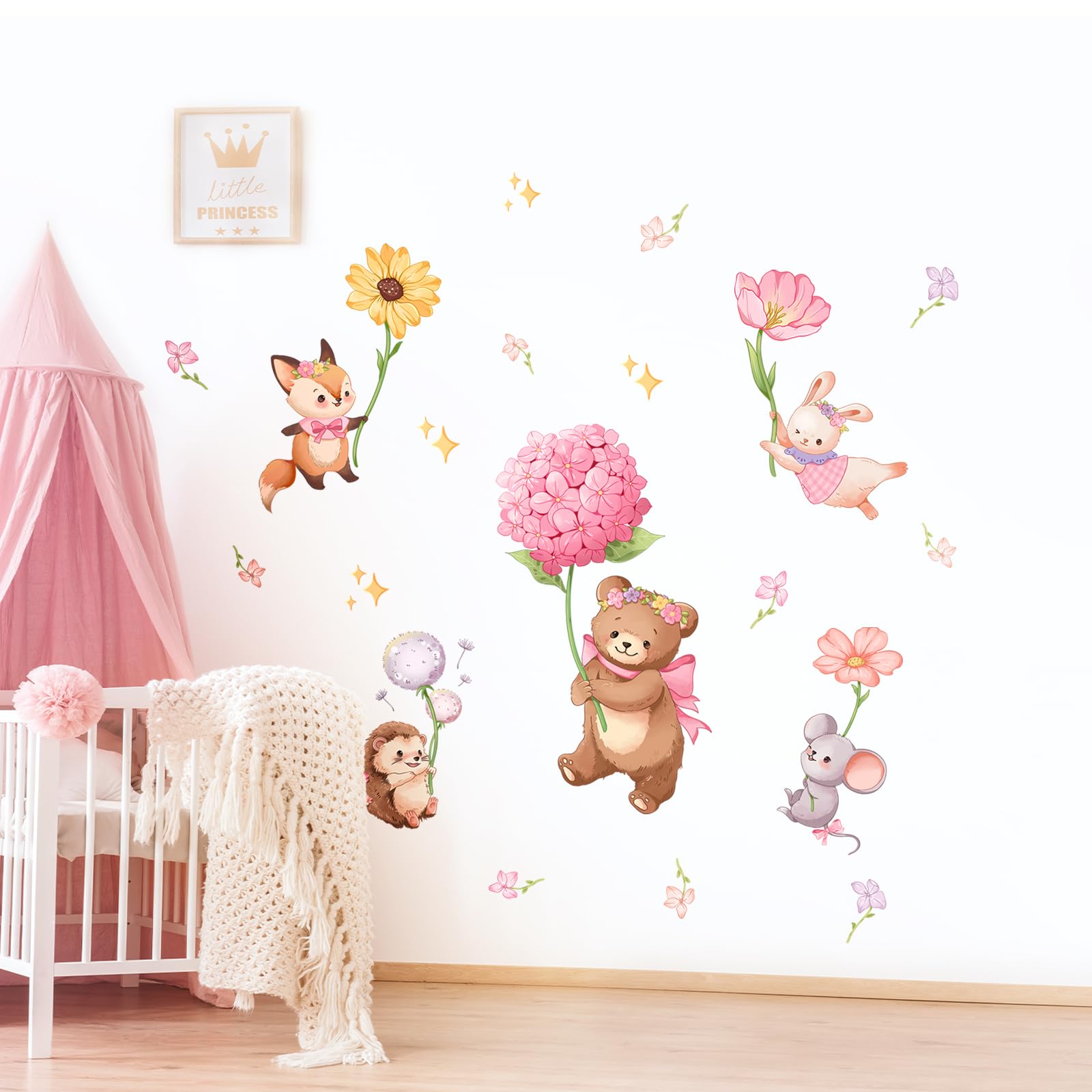 Pink Cartoon Animal Wall Decals, Bear Squirrel Rabbit Holding Flowers Flying Wall Stickers Peel and Stick Wall Decal Self Adhesive Wall Art Sticker for Girls Baby Nursery Kids Room Home Decor