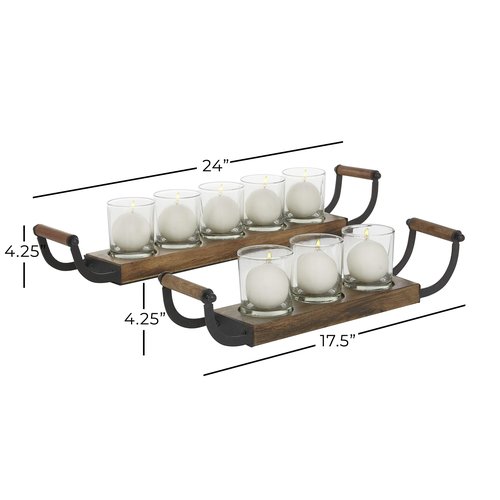Deco 79 Wood Tealight 8 Glass Sleeve Candle Holder, Set of 2 24", 18"W, Brown