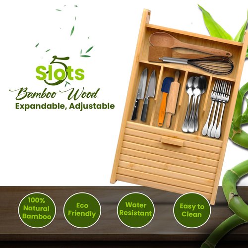 KozyKoala & Co. Bamboo Drawer Organizer with Sliding Lid - 5 Slot Kitchen Drawer Organizer & Utensil Holder - Wood Bamboo Cutlery Tray for Flatware & Multipurpose Storage for Home & Office