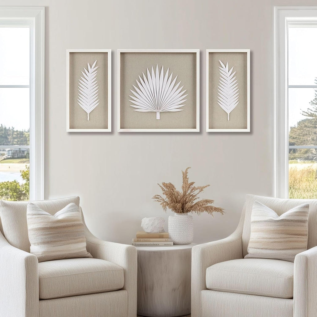 Madison Park Sabal Floral Wall Art - Handmade Canvas Palm Natural Rice Paper Shadow -Box Set, Glass, Wood Frame, Linen Base, Botanical Modern Room Decor for Hallway, Bedroom Accent, Off White 3 Piece