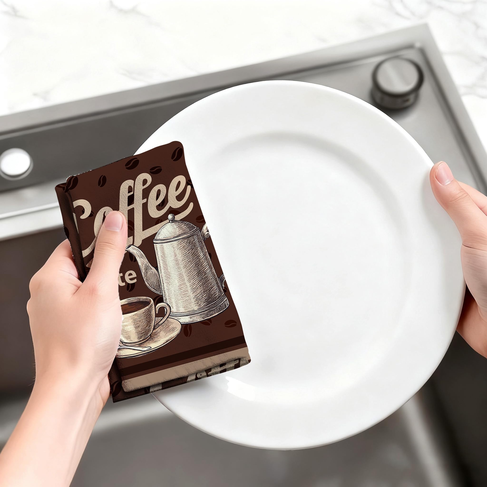 Verdiqor Vintage Coffee Kitchen Towels Decorative Set of 4, Brown Dish Towels Soft Absorbent Cute Tea Towel Hand Towel for Coffee Bar Drying Cleaning Kitchen Decor