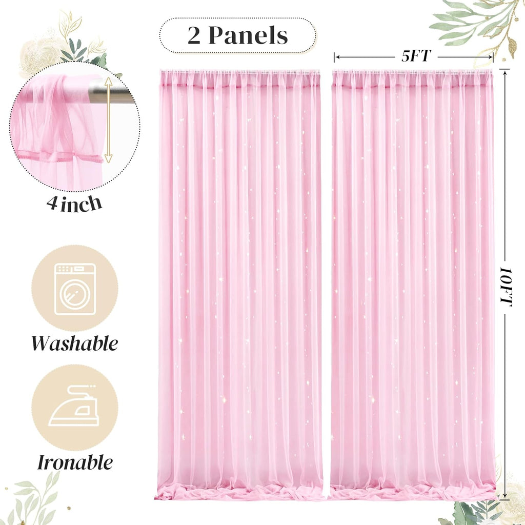 Skiennix 10ft x 10ft Pink Backdrop Curtain - Sheer Tulle with String Lights for Weddings & Parties