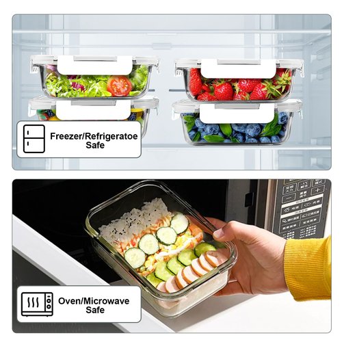VERONES 10 Pack 22 OZ Glass Meal Prep Containers, Airtight Glass Lunch Containers Set, Food Storage Containers with Lids,BPA Free, for Microwave, Oven, Freezer & Dishwasher Friendly,White