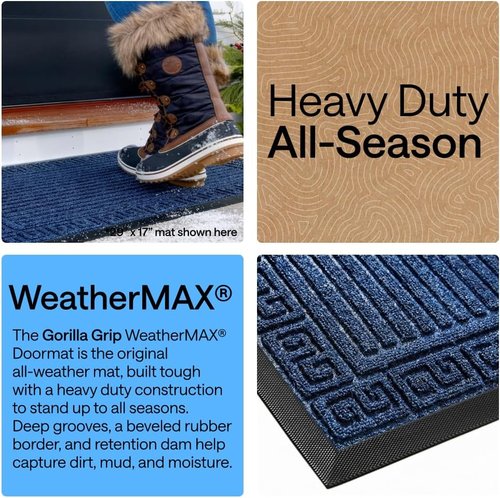 GORILLA GRIP Waterproof All-Season WeatherMAX Doormat - 35x23, Natural Rubber, Stain & Fade Resistant, Easy Clean, Navy Greek Keys