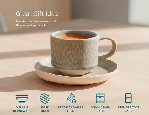 KooK Espresso Mug and Saucer Set - Rustic Ceramic Cups with Feathered Texture | Dishwasher Safe, Set of 4 (5.5 Oz)