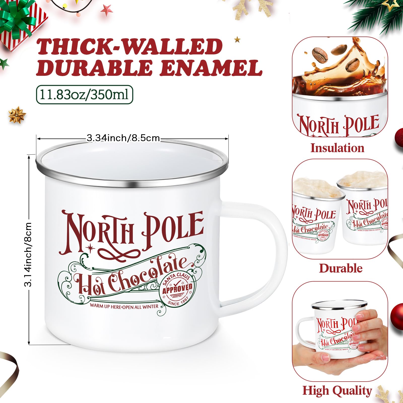Yaomiao 20 Pcs Christmas Coffee Mugs North Pole Hot Cocoa Chocolate Mugs Santa Xmas Enamel Cup with Handle for Holiday Gift Family Employee Christmas Party Vacation Cup (Stainless Steel,Enamel)
