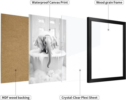 Elephant Wall Art by Animal | Funny Black and White Bathroom Decor | Framed 10" L x 8" W