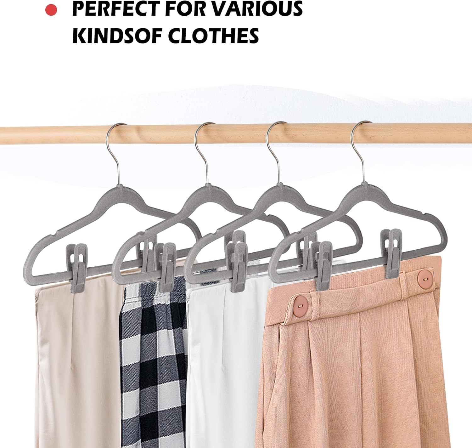 Tinfol Gray Velvet Hanger Clips - 24 Pack Non-Slip Flocked Clips for Pants & Skirts | Strong Finger Clips